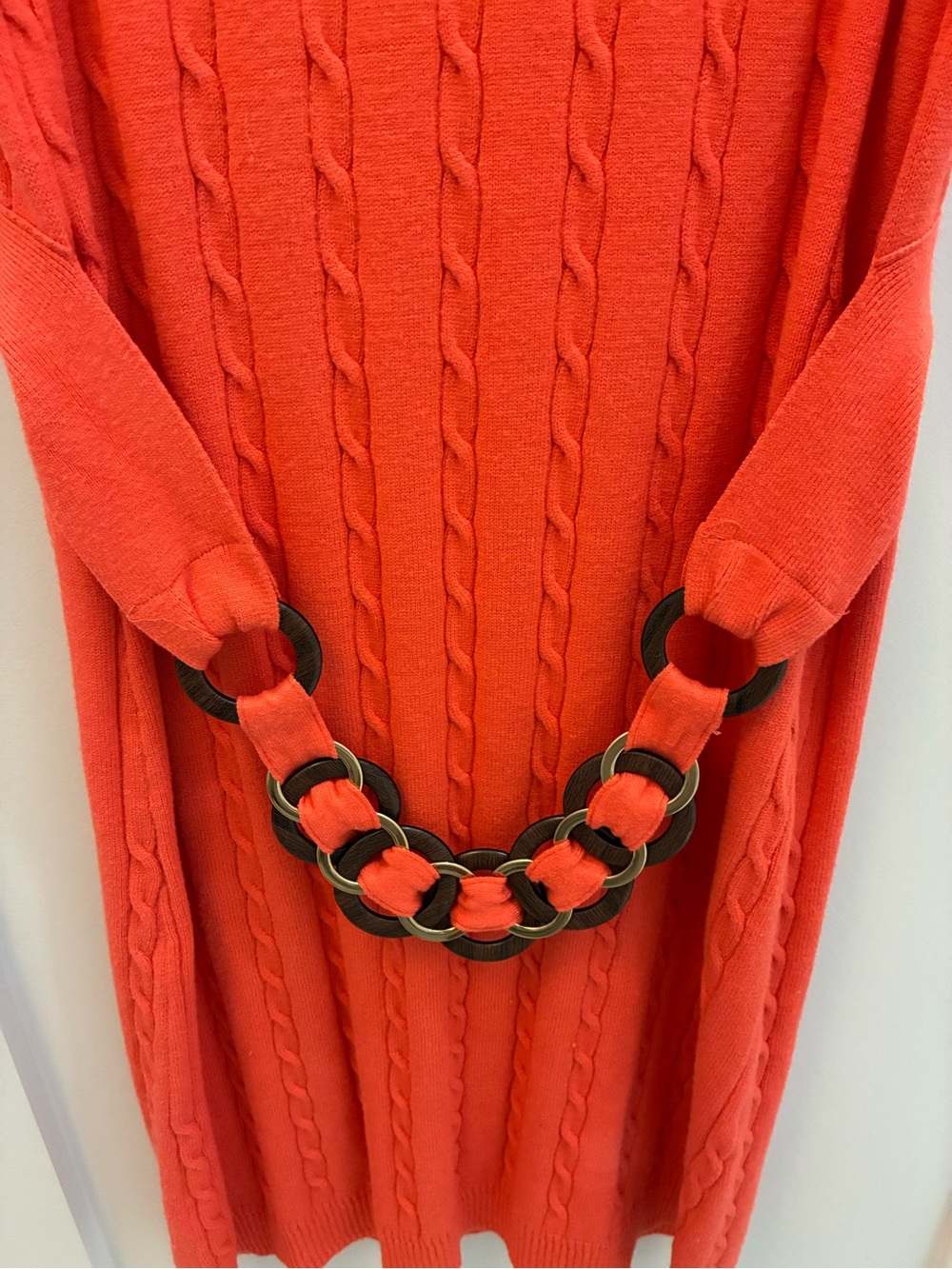 Milly Bright Orange Cable-Knit Sweater Dress with Decorative Ring Belt
